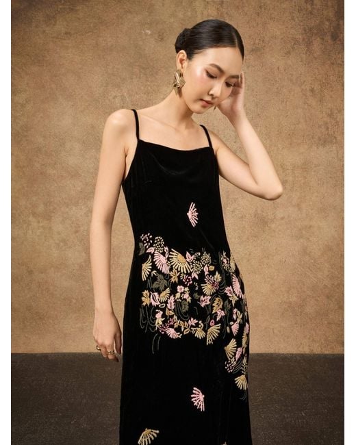 Silk and Bears Black Hand-Embroidered Silk Velvet Bias Slip Maxi Dress — Fan Motif — Velvet Atelier