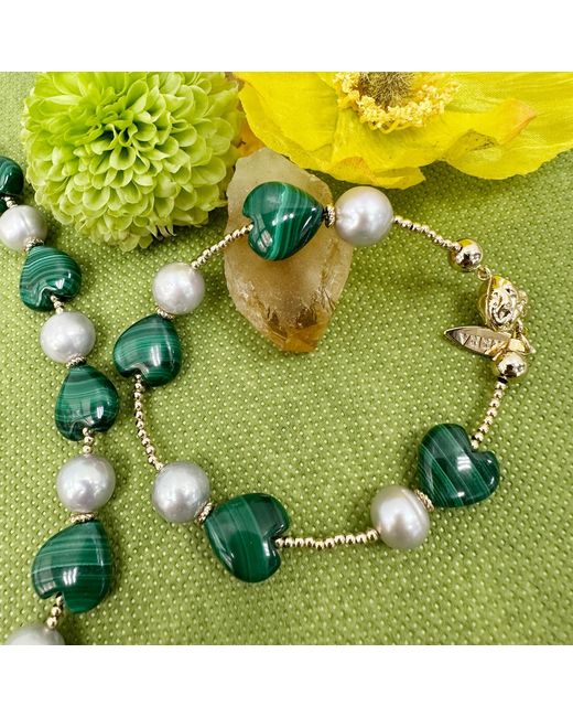 Farra Green Heart Malachite With Freshwater Pearls Bracelet