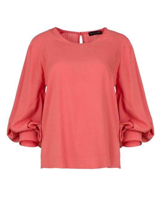 Conquista Red Coral Linen Top With Bishop Sleeves