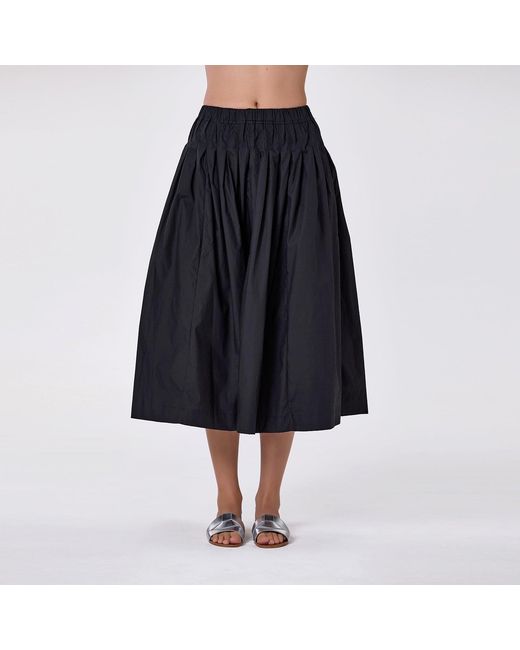 Smart and Joy Black Loose-Fitting Midi Cotton Skirt With Smocked Waist