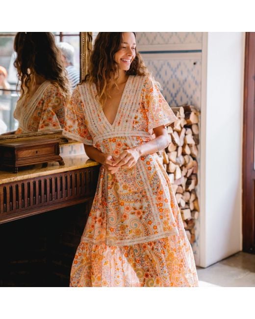 LAtelier London Pink Paisley Print Midi Dress With Lace Inserts