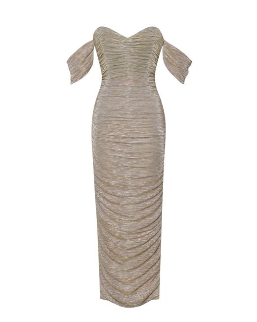 Miss Circle New York Metallic Gene Ruched Off Shoulder Chiffon Dress