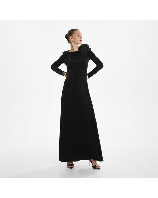Lita Couture Black Velvet Flower Appliqué Dress