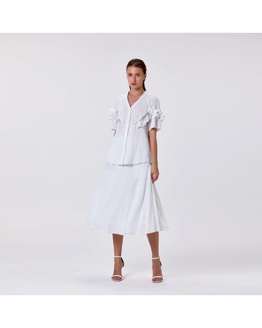 Smart and Joy White Flared Midi Skirt With Stripes
