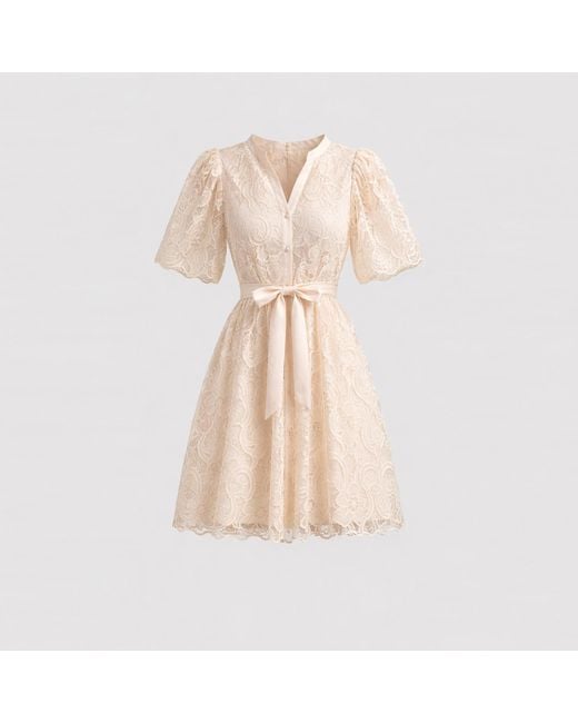 Tantra Spain Sl Natural Neutrals Lace Shirt Dress With Sequins, Puff Sleeves, Pearl Buttons, And Belt