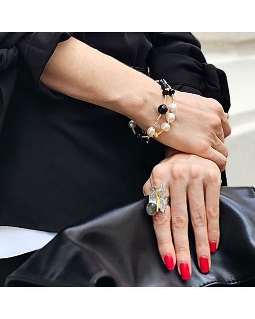 Farra Metallic Obsidian And Pearls Double Layers Bracelet Or Choker