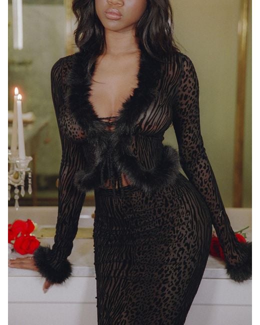 Miss Circle New York Black Hali Animal Print Burnout Velvet Fur Trim Top