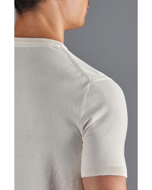 Paul James Knitwear White Neutrals Ultra Fine Cotton Hudson High V Neck Knitted T-Shirt for men