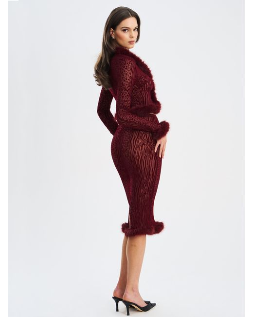 Miss Circle New York Red Hali Burgundy Animal Print Burnout Velvet Fur Trim Top