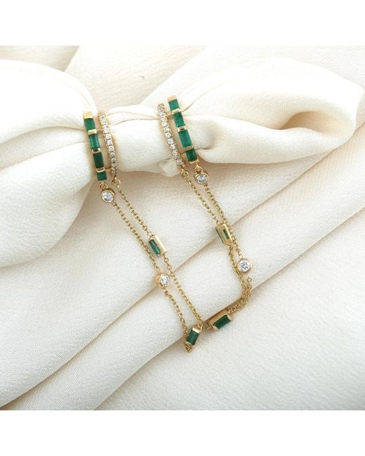 Artisan Metallic Baguette Emerald & Diamond Double Mixed Fringe Chain huggies Hoops Earring In 18k Gold