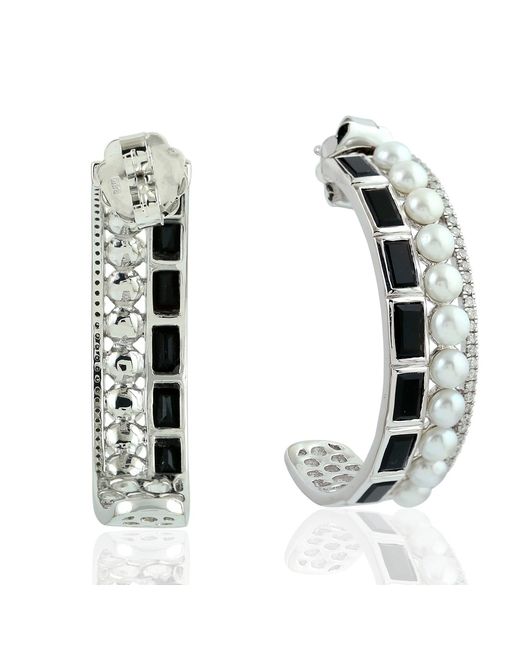 Artisan White Pearl, Onyx & Diamond Hoop Earrings