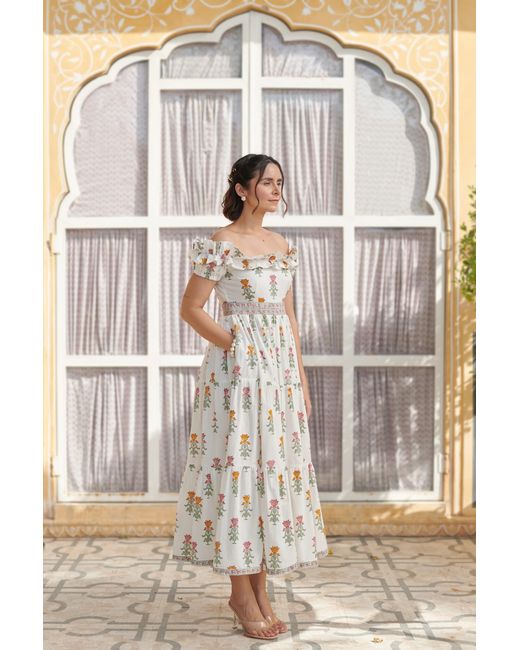 Echo of Pink White Isla Hand Block Print Offshoulder Cotton Maxi Dress