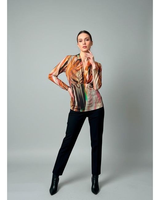 Conquista Orange Abstract Marbled Print V-Neck Long-Sleeve Top