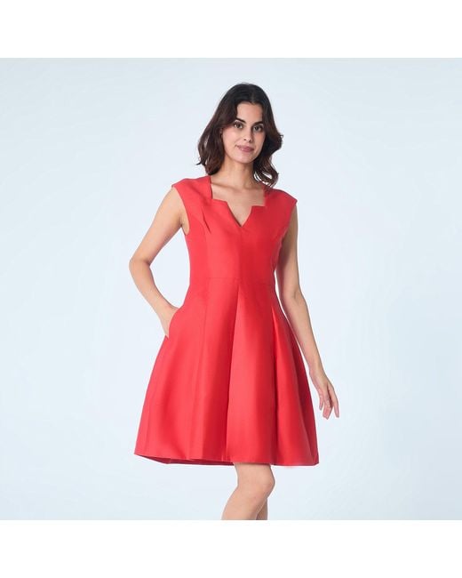 Smart and Joy Red Fit-and-Flare Satin V-Neck Dress