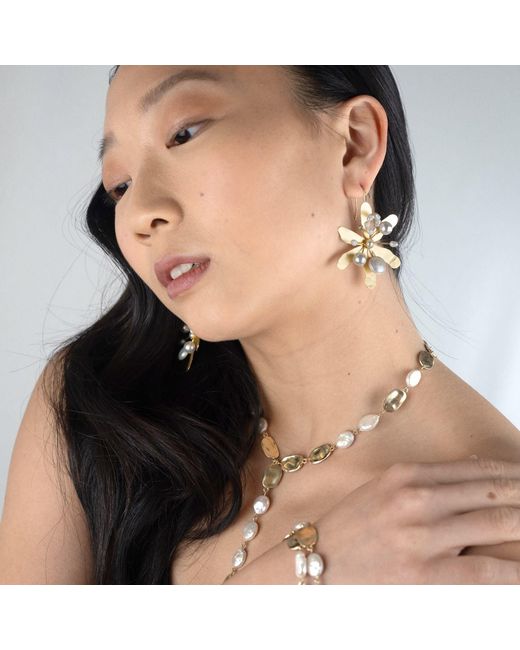 Rare Matters Jewelry Metallic Blossom Pearl Drops Flower Earring