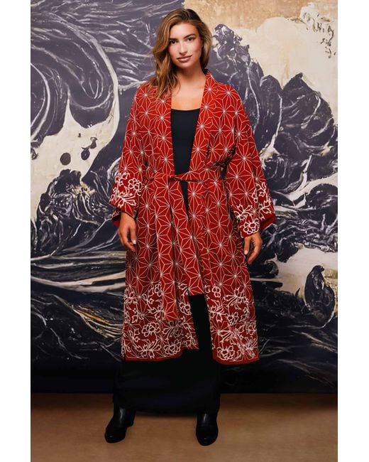 Artemis Muse Asanoha & Peony Embroidered Terracotta Fully Lined Long Kimono