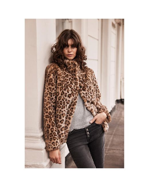 ISSY LONDON Brown Neutrals Claudia Luxe Faux Fur Jacket Leopard