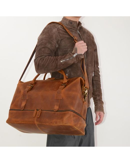 Touri Brown Genuine Leather Holdall Weekender With Extra Compartment for men