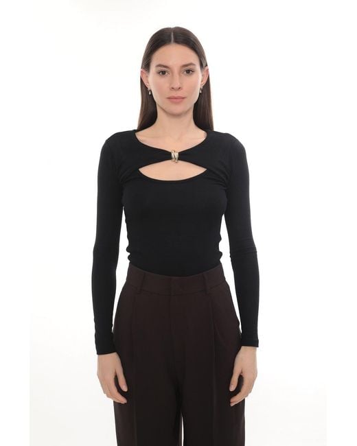 Monlicia Black Detail Cutout Long Sleeve Stretch Mila Top