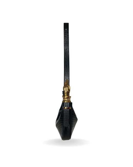 Indigolush Black Hobo Adjustable Hand Shaped Leather Bag Mini Lizard Two Hands