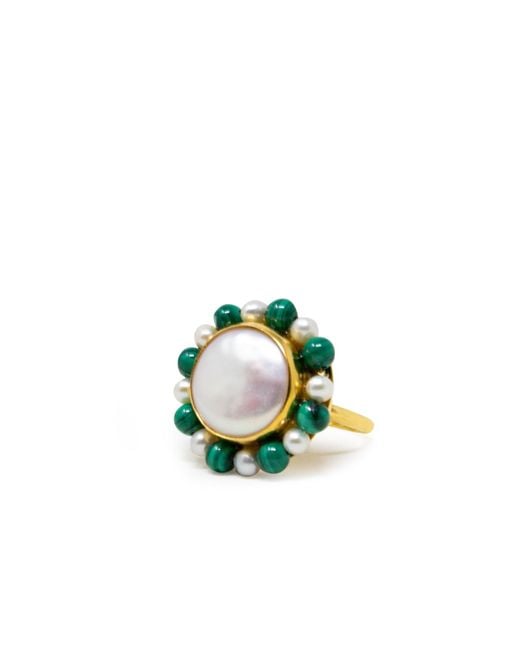 Vintouch Italy Green Lotus Gold-plated Pearl And Malachite Ring