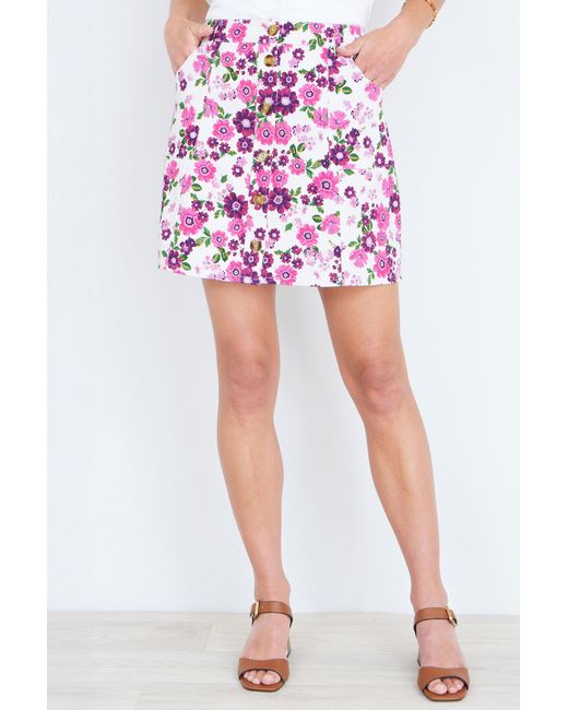 Yumi' Purple Retro Floral Cotton Stretch Mini Skirt