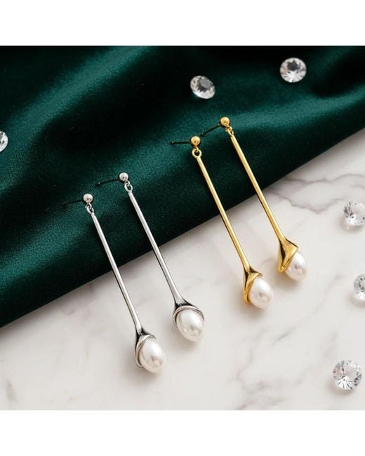 Angel Barocco Metallic Minimalist Pearl Drop Bar Earrings