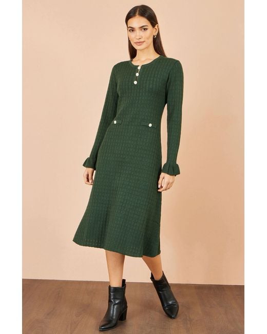 Yumi' Green Viscose Knitted Midi Dress With Buttons