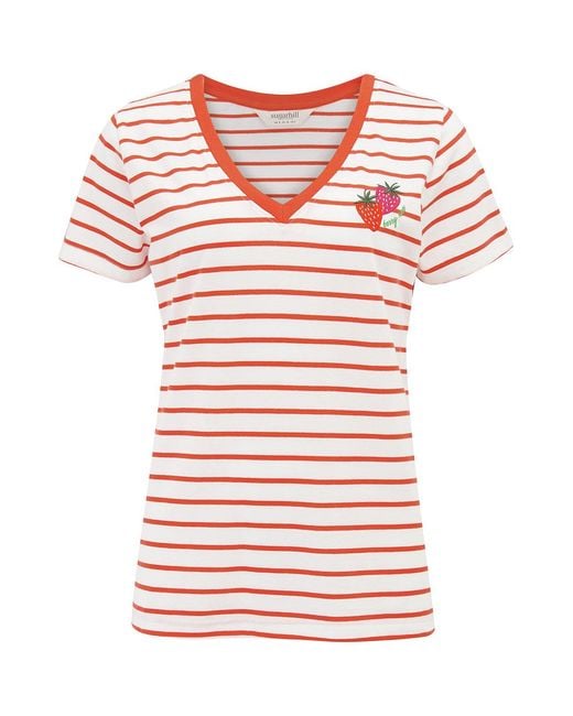 Sugarhill Pink Khloe V-Neck T-Shirt, Off Stripe, Strawberry