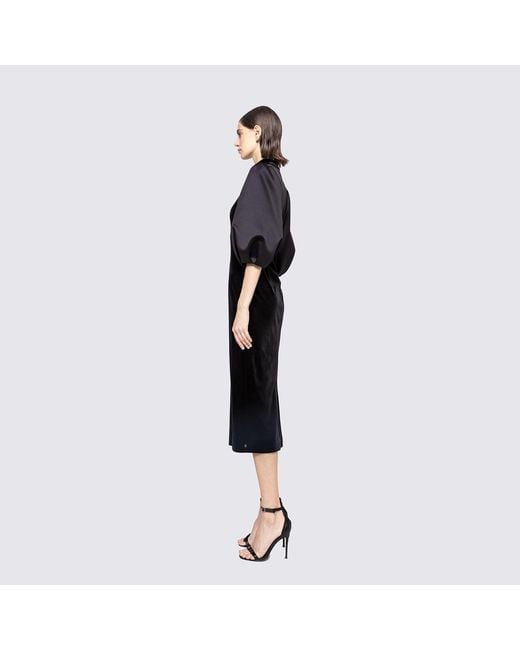 Nissa Black Puff Sleeves Velvet Midi Dress