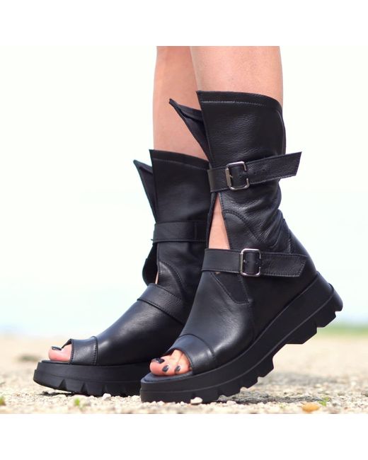 Adrenaline Fashion Blue Designer Summer Boots – Genuine Leather, Open Toe, Chunky Sole With Buckle Straps