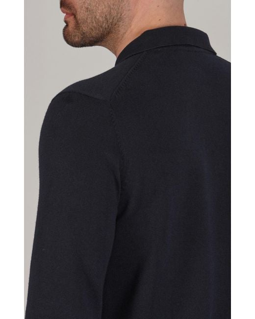 Paul James Knitwear Blue Lightweight Cotton Hall Long Sleeve Knitted Polo Shirt for men