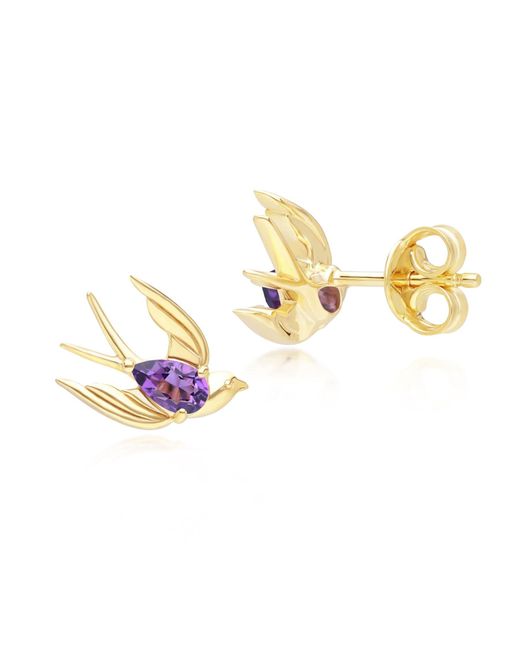 Gemondo Metallic Ecfew Creator Amethyst Hummingbird Stud Earrings In Gold Plated Sterling Silver
