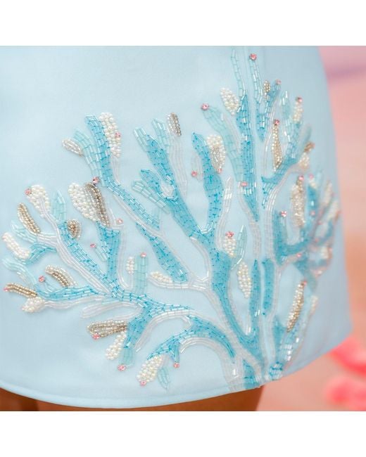 Laura Slings Blue Beaded Skirt With Coral Embroidery And Embellished Details