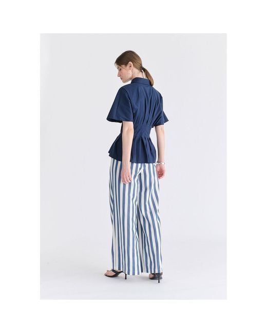 Paisie Blue Front Pleats Detail Wide Leg Trousers