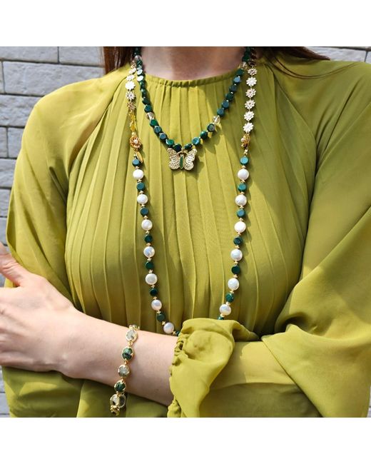 Farra Metallic Coin Shaped Malachite And Freshwater Pearls With Flower Chain Versatile Necklace