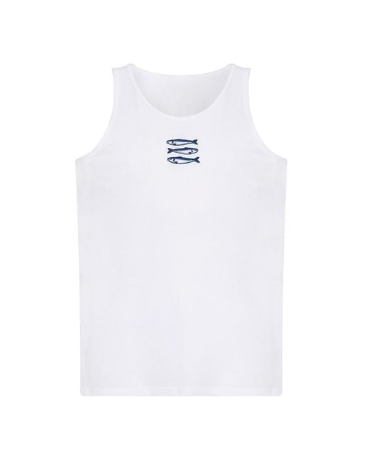 INGMARSON White Sardines Embroidered Organic Cotton Tank Top for men