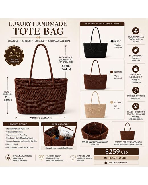 Springmoonatelier Brown Luxury Handmade Natural Woven Bag – Large Boho Beach And Everyday Shopping Bag