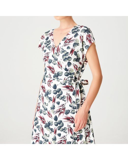 Smart and Joy White Wrap Leaves Print Dress