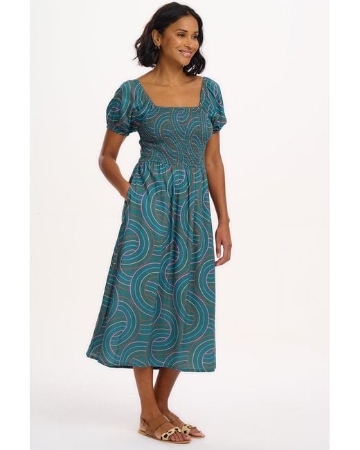Sugarhill Blue Jolene Shirred Midi Dress, Concentric Circles