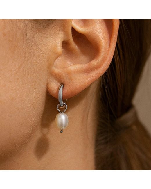 Unaloe White Hoop Earrings With Natural Pearl Pendant