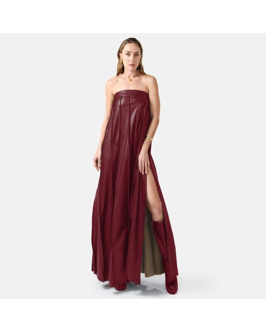 Kargede Purple Pleated Burgundy Leather Maxi Dress – Strapless Designer Evening Gown