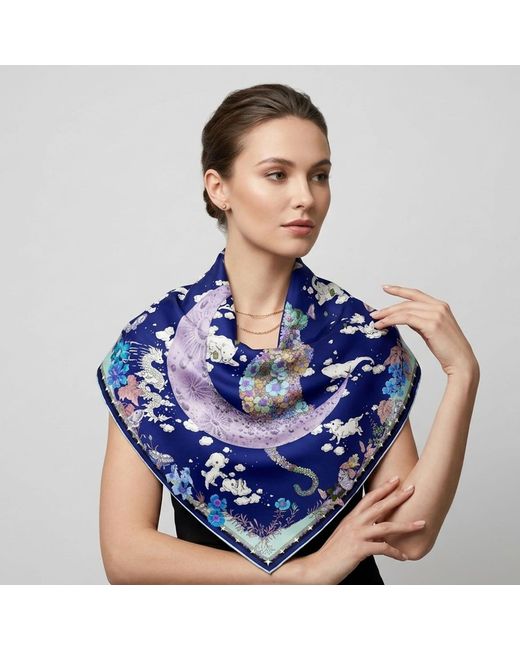 Wenzi Blue Neutrals Moonlit Menagerie Hand Painted Double Sided Silk Twill Scarf