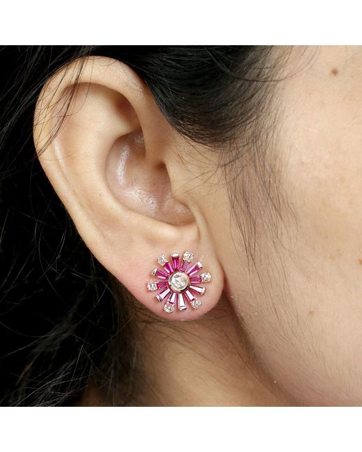 Artisan Pink Ruby & Diamond Sunburst Stud Earrings