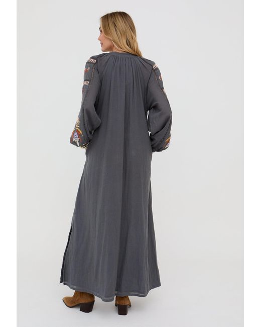 Raffya Gray Elisa Kaftan Style Embroidered Maxi Dress
