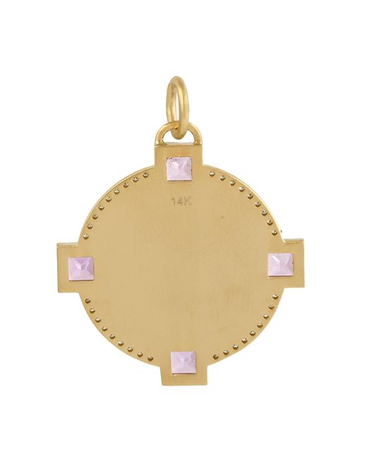 Artisan Metallic Bezel Set Square Pink Sapphire Gemstone & Pave Diamond In 14k Yellow Gold Club Charm