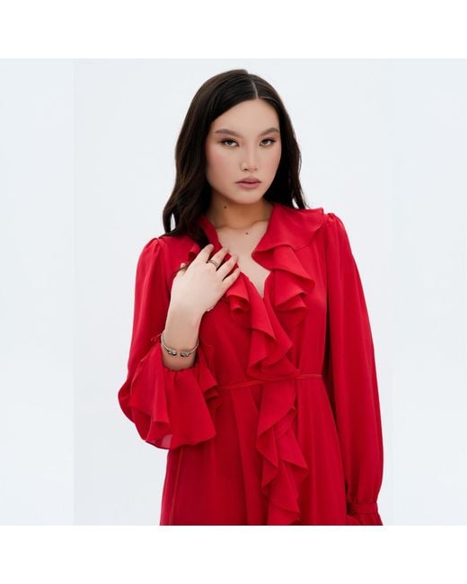 Elsava Red Cascading Ruffle Dress