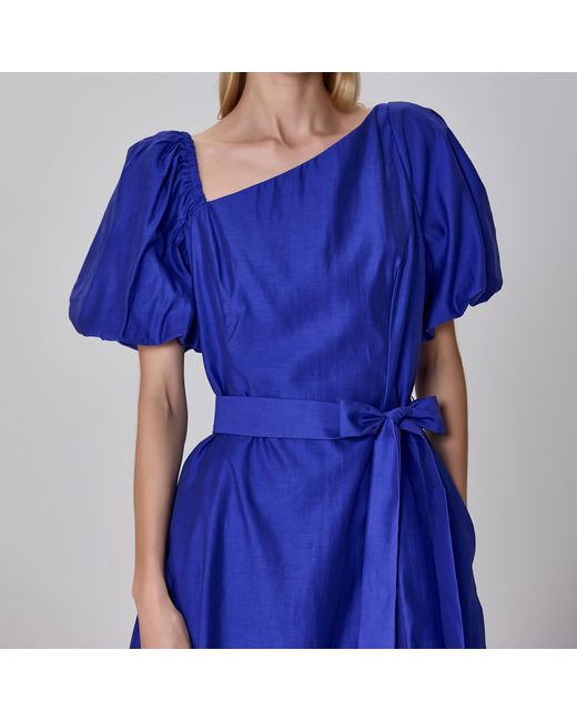 Smart and Joy Blue Fit-And-Flare Asymmetric Collar Dress