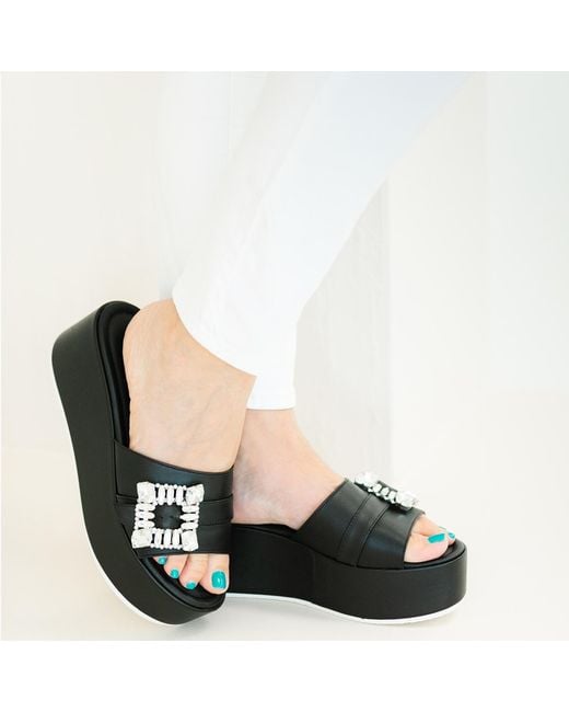 Beautiisoles by Robyn Shreiber Made in Italy Black Dita Leather Comfortable Wedge Sandal Espadrille Slide With Jewelry For Elegant Work & Evening