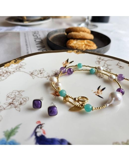 Farra Blue Baroque Pearls With Amazonite & Amethyst Double Layers Bracelet Choker